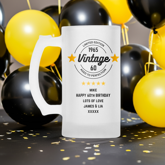 Personalised Frosted Glass Tankard (0.8 Pint) - Vintage Birthday Design