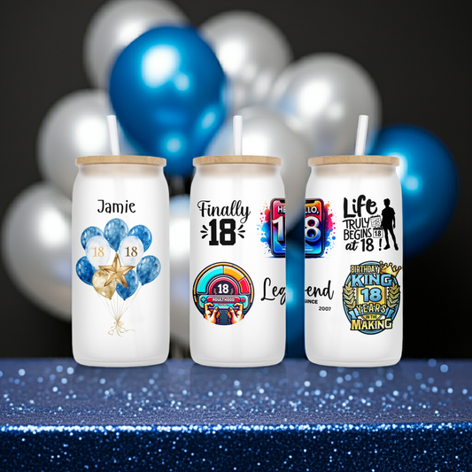Personalised Frosted Glass Tumbler - 18th Birthday Blue Design