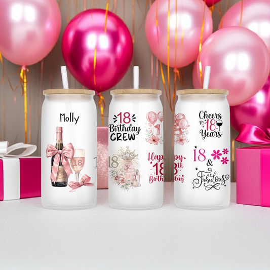 Personalised Frosted Glass Tumbler - 18th Birthday Pink Design