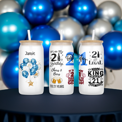Personalised Frosted Glass Tumbler - 21st Birthday Blue Design