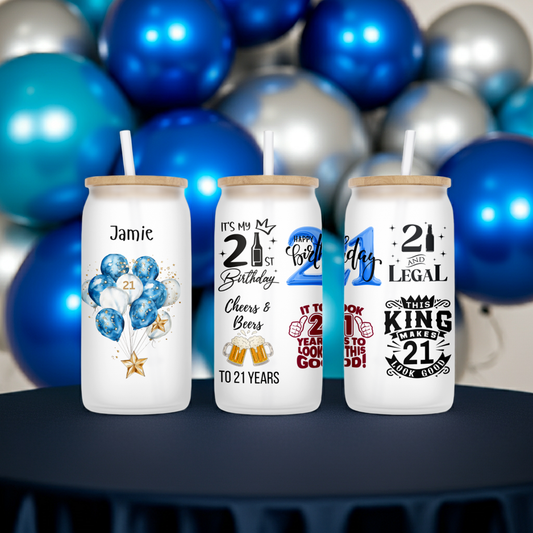 Personalised Frosted Glass Tumbler - 21st Birthday Blue Design