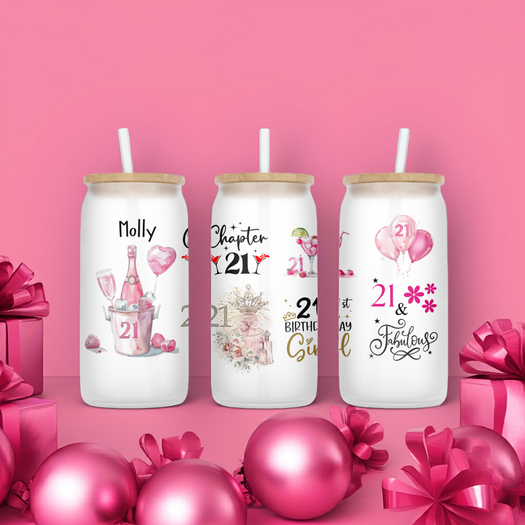 Personalised Frosted Glass Tumbler - 21st Birthday Pink Design