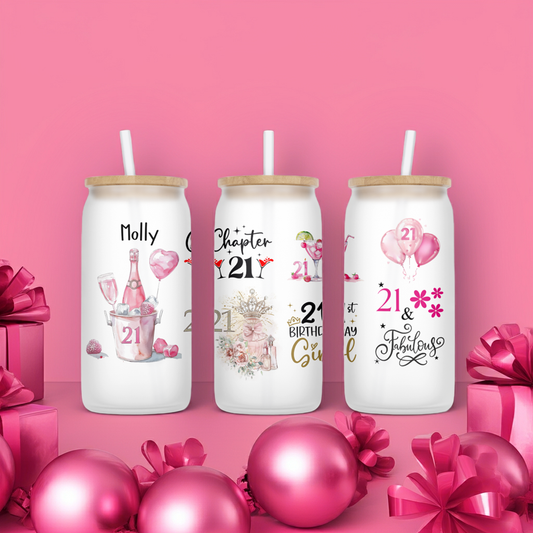 Personalised Frosted Glass Tumbler - 21st Birthday Pink Design
