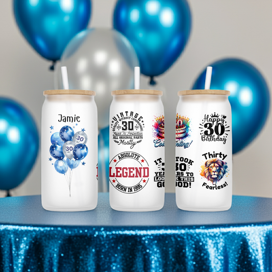 Personalised Frosted Glass Tumbler - 30th Birthday Blue Design