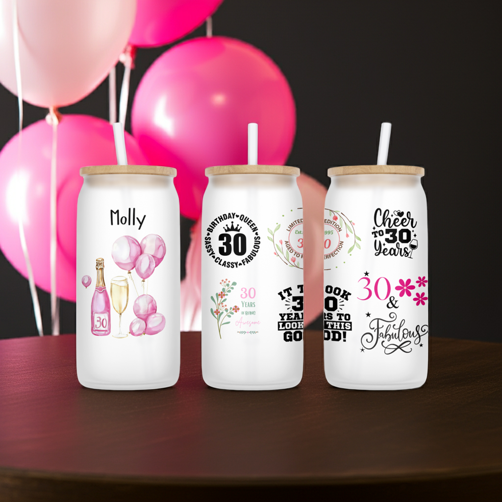 Personalised Frosted Glass Tumbler - 30th Birthday Pink Design