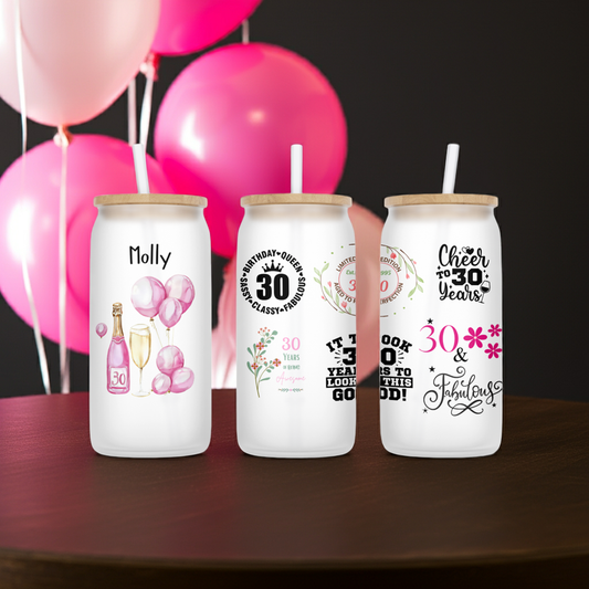 Personalised Frosted Glass Tumbler - 30th Birthday Pink Design