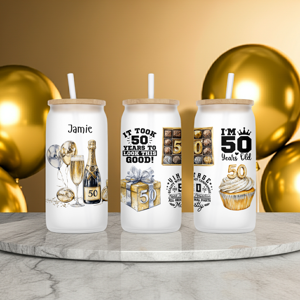 Personalised Frosted Glass Tumbler - 50th Birthday Gold Design