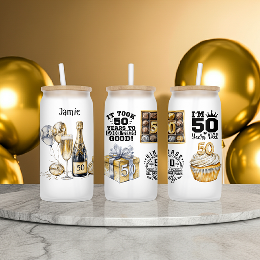 Personalised Frosted Glass Tumbler - 50th Birthday Gold Design