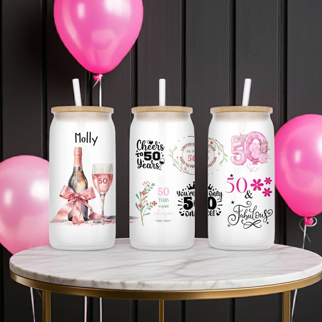 Personalised Frosted Glass Tumbler - 50th Birthday Pink Design
