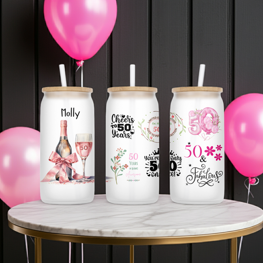 Personalised Frosted Glass Tumbler - 50th Birthday Pink Design