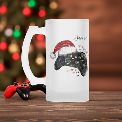 Personalised Frosted Glass Tankard - Christmas Gaming Santa Hat