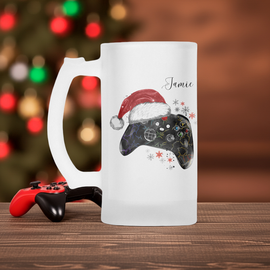 Personalised Frosted Glass Tankard - Christmas Gaming Santa Hat