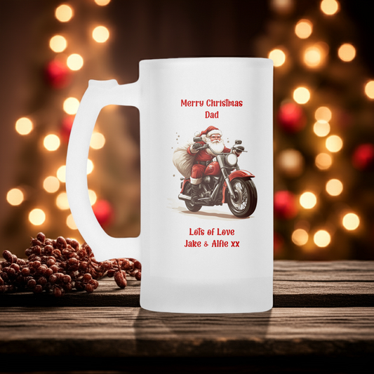 Personalised Frosted Glass Tankard - Christmas Motorbike