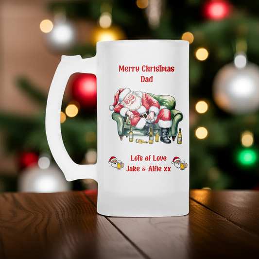 Personalised Frosted Glass Tankard - Christmas Sleeping Santa Beer
