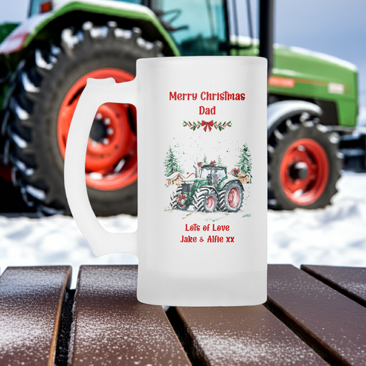 Personalised Frosted Glass Tankard - Christmas Tractor