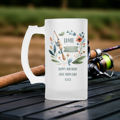 Personalised Frosted Glass Tankard - Fishing Rod