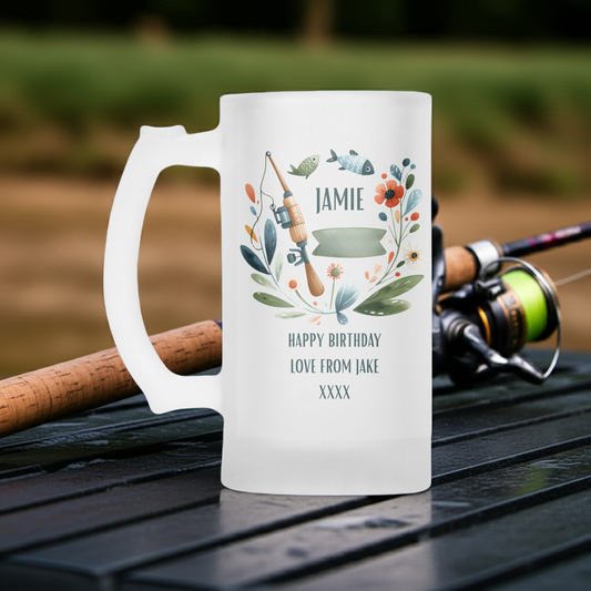 Personalised Frosted Glass Tankard - Fishing Rod