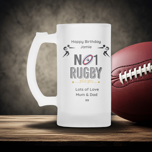 Personalised Frosted Glass Tankard - Rugby No1 Player
