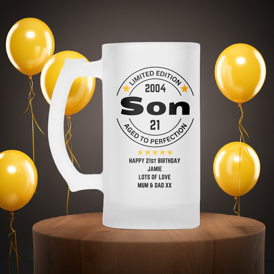 Personalised Frosted Glass Tankard - Son Birthday Design