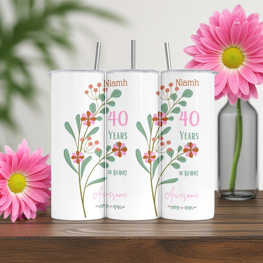 Personalised Insulated Tumbler Travel Bottle - Awesome Birthday Floral