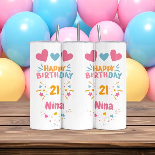 Personalised Tumbler Travel Bottle - Hearts & Stars Birthday Design