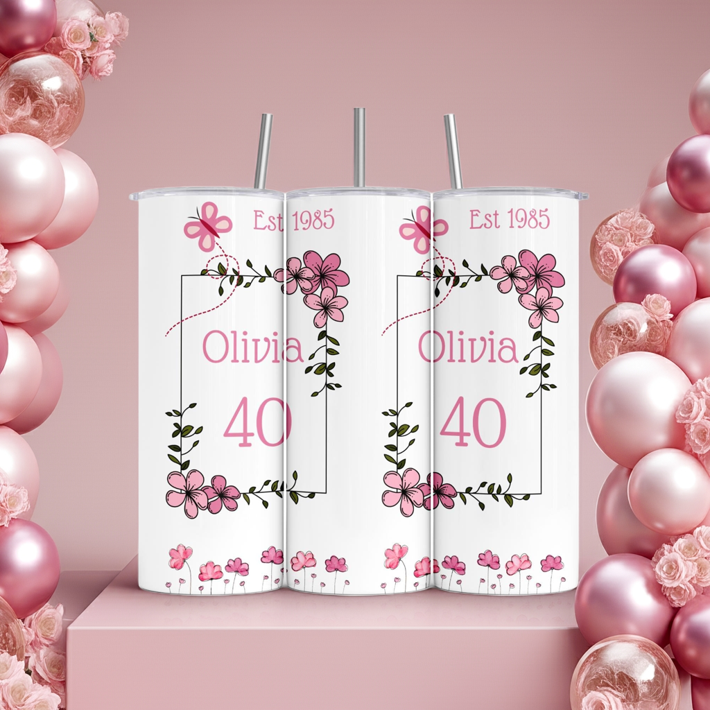 Personalised Insulated Tumbler Travel Bottle - Pink Floral Birthday