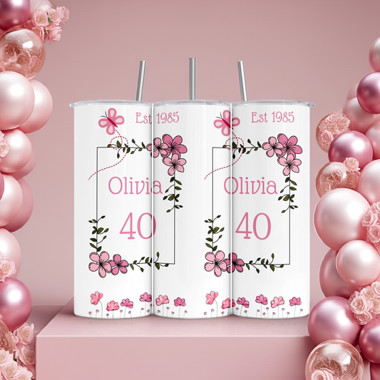 Personalised Insulated Tumbler Travel Bottle - Pink Floral Birthday