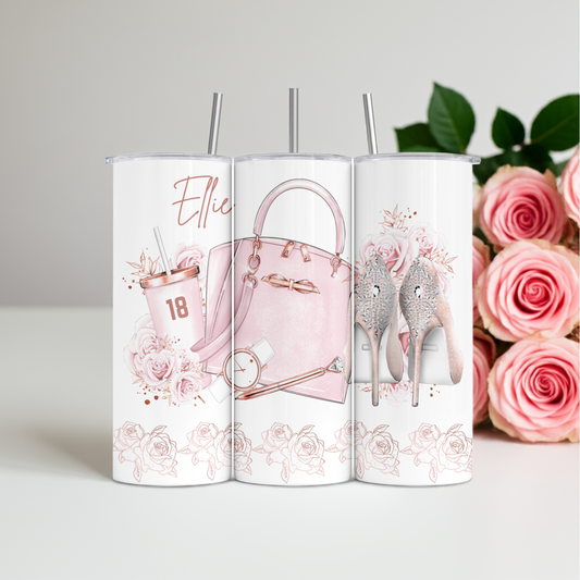 Personalised Tumbler Travel Bottle - Pink Shoes & Handbag Design