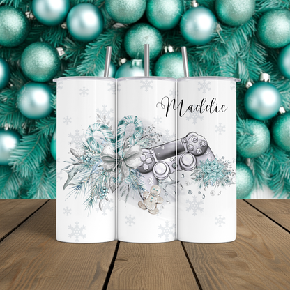 Personalised Tumbler Travel Sports Bottle - Christmas Gaming Green Design