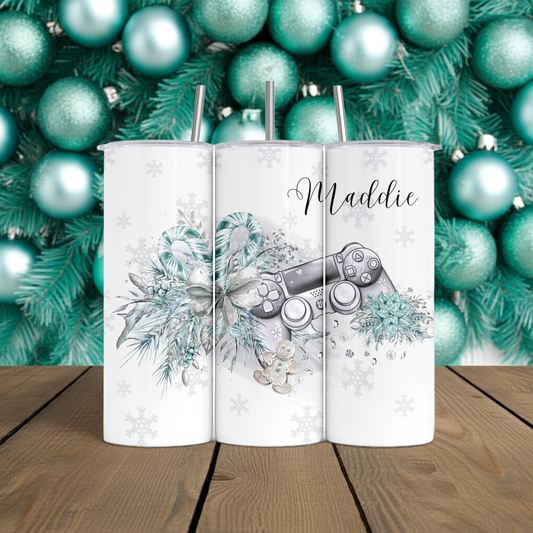 Personalised Tumbler Travel Sports Bottle - Christmas Gaming Green Design