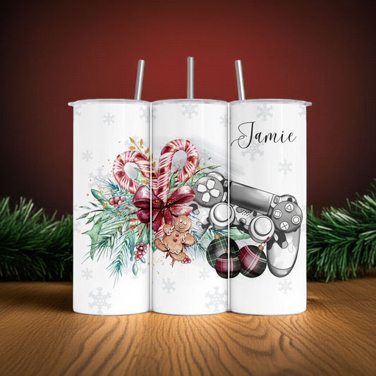 Personalised Tumbler Travel Sports Bottle - Christmas Gaming Red Design
