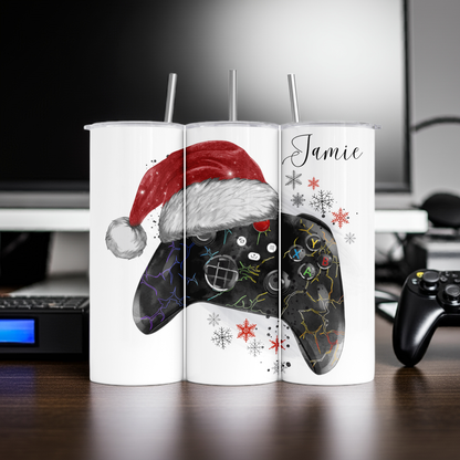 Personalised Tumbler Travel Sports Bottle - Christmas Gaming Santa Hat Design