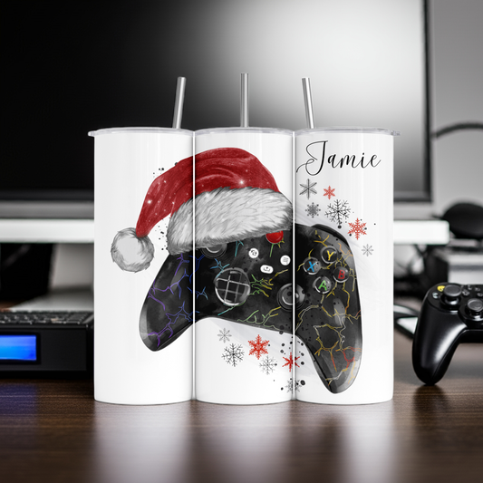 Personalised Tumbler Travel Sports Bottle - Christmas Gaming Santa Hat Design