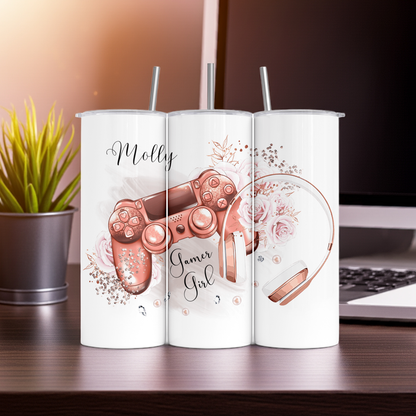 Personalised Tumbler Travel Sports Bottle - Gamer Girl Design