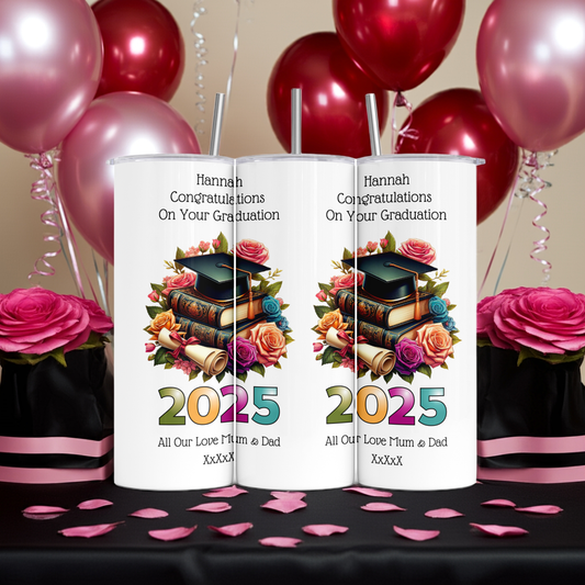 Personalised Tumbler Travel Sports Bottle - Graduation Roses Design