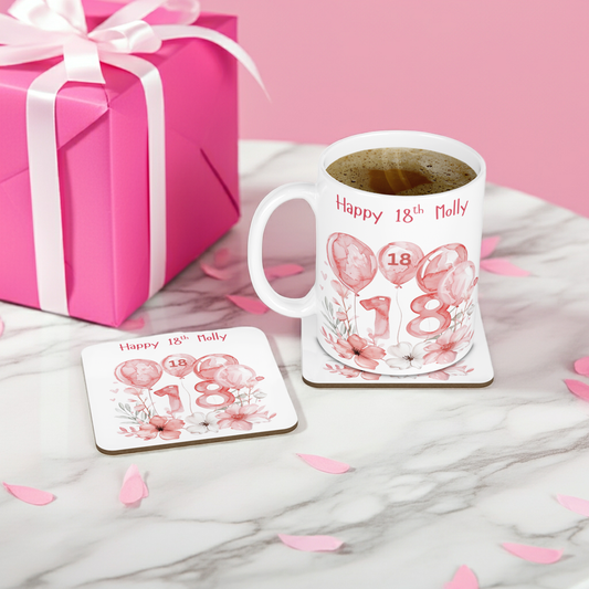 Personalised Mug & Coaster - 18th Birthday Pink Balloons Design