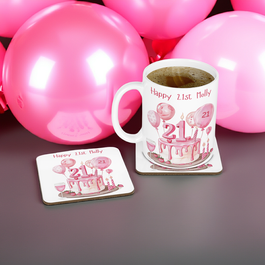 Personalised Mug & Coaster - 21st Birthday Pink Balloons Design