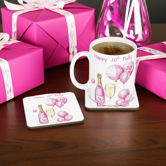 Personalised Mug & Coaster - 30th Birthday Pink Balloons Design