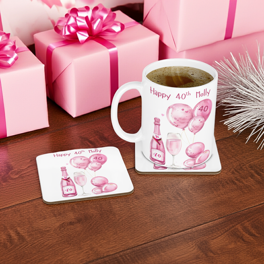 Personalised Mug & Coaster - 40th Birthday Pink Balloons Design