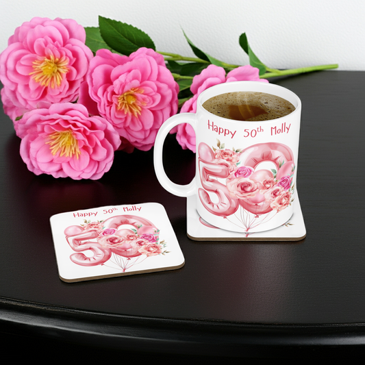 Personalised Mug & Coaster - 50th Birthday Pink Balloons Design