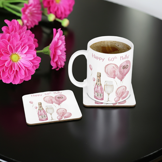 Personalised Mug & Coaster - 60th Birthday Pink Balloons Design