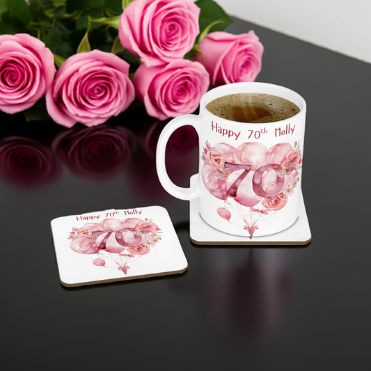 Personalised Mug & Coaster - 70th Birthday Pink Balloons Design