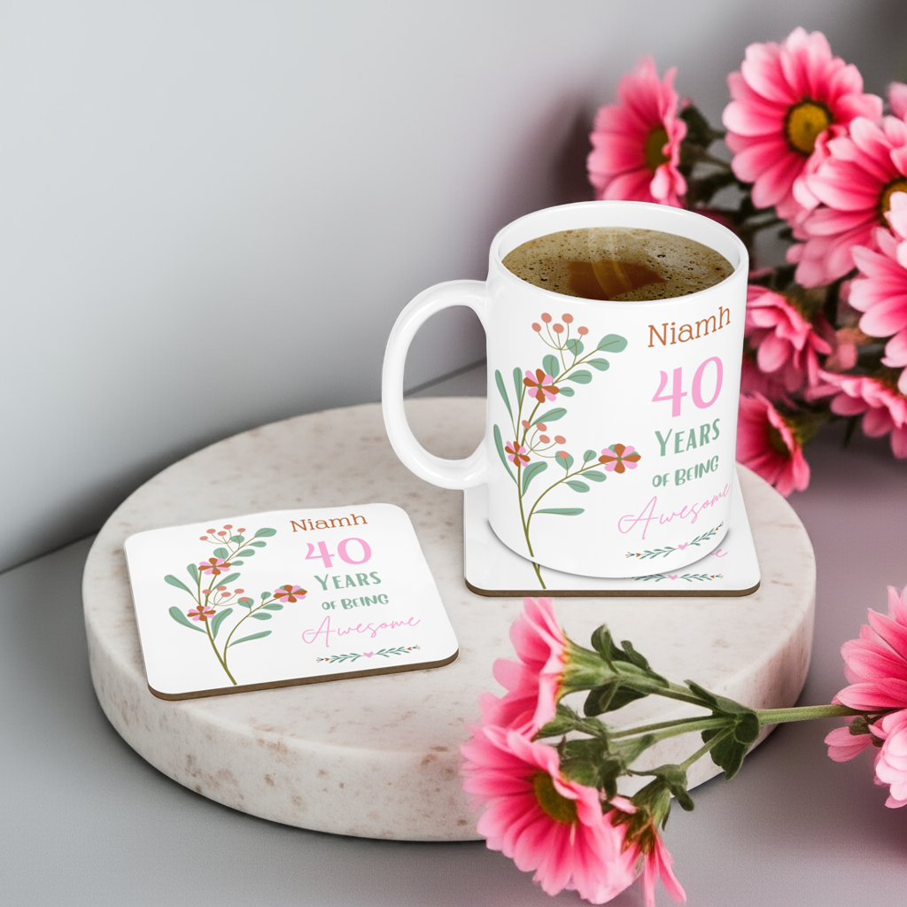 Personalised Mug & Coaster - Awesome Birthday Floral