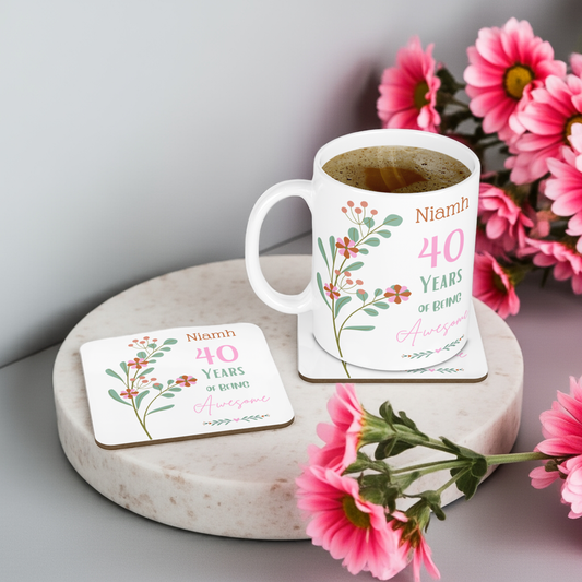 Personalised Mug & Coaster - Awesome Birthday Floral