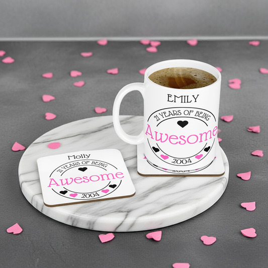 Personalised Mug & Coaster - Awesome Birthday Hearts