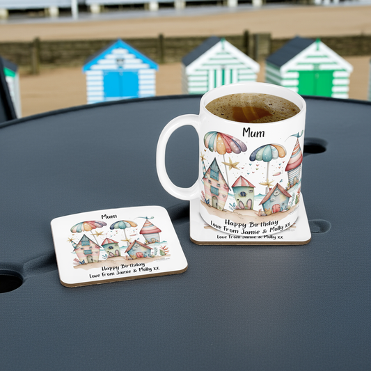 Personalised Mug & Coaster - Beach Hut & Umbrella Design