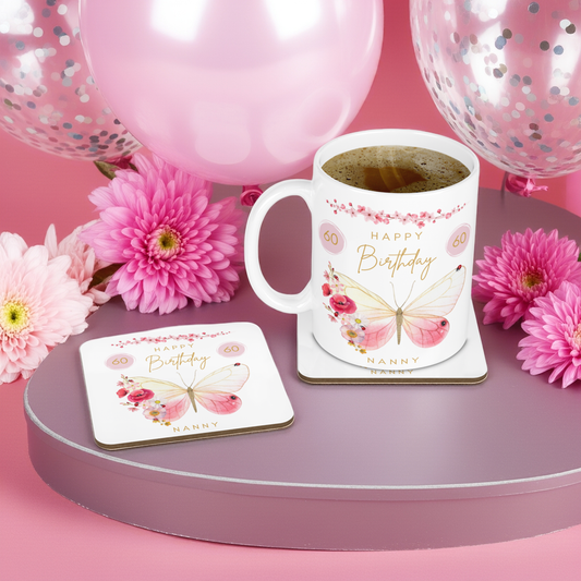 Personalised Mug & Coaster - Birthday Butterflies Design