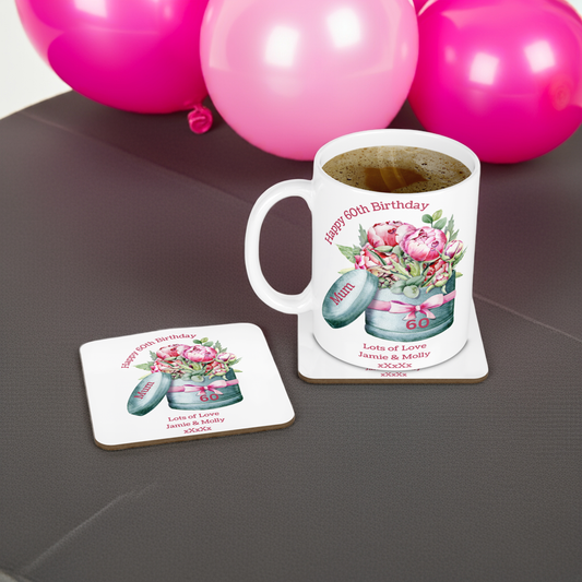 Personalised Mug & Coaster - Birthday Peonies Design