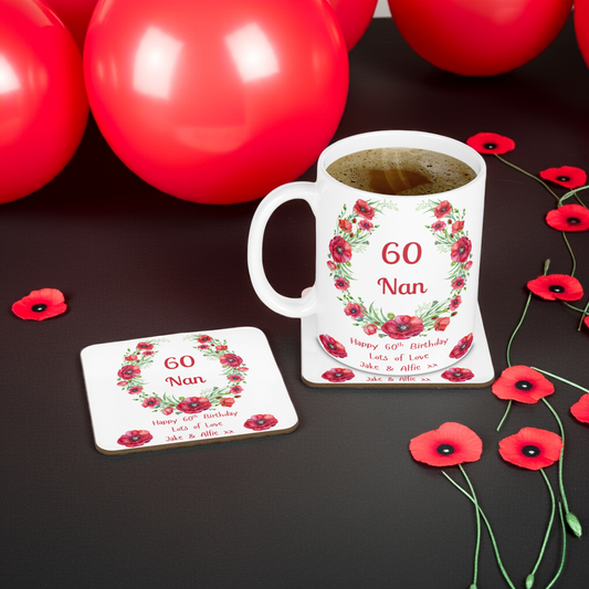 Personalised Mug & Coaster - Birthday Poppies Design