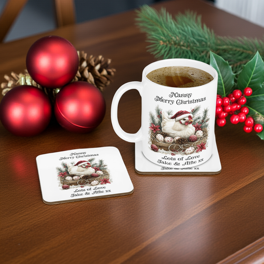 Personalised Mug & Coaster - Christmas Chicken Design